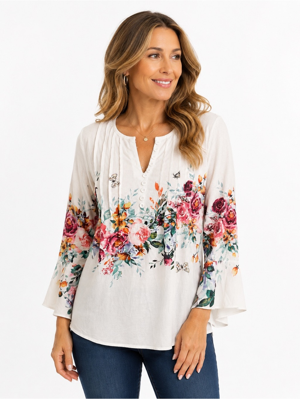 White Floral Pintuck V-Neck Bell Sleeve Top